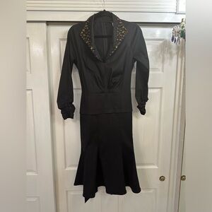 Taddashi Shoji black stretchy embellished collar dress with belt size 10